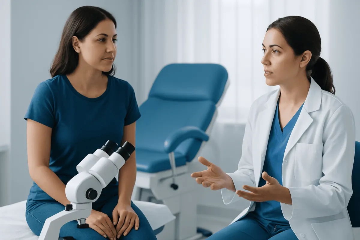 Doctor consulting patient in a medical examination room with a microscope nearby.