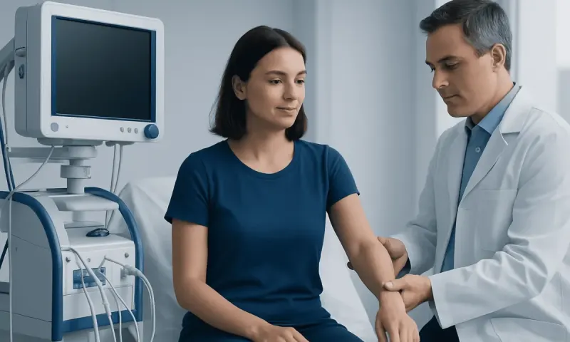 Doctor examining a patient's wrist in a medical clinic setting.