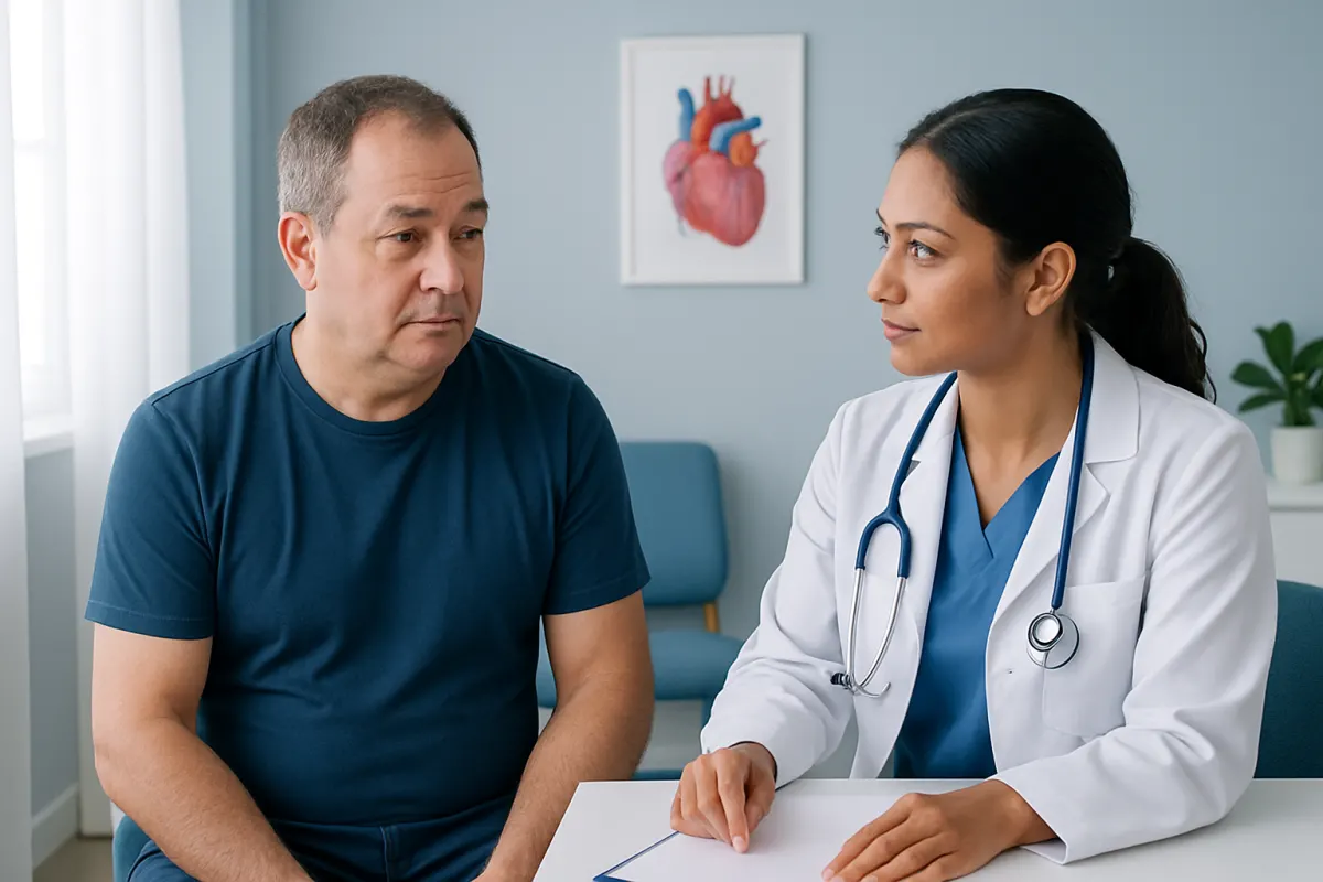 Doctor consulting with a male patient in a medical office.