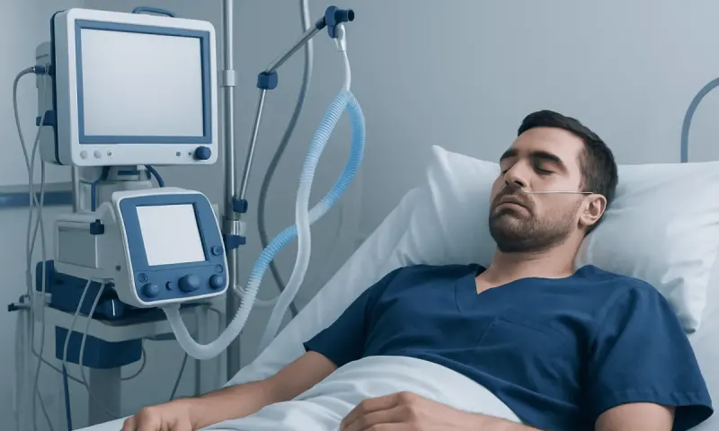 Patient in hospital bed connected to medical ventilator and monitors.