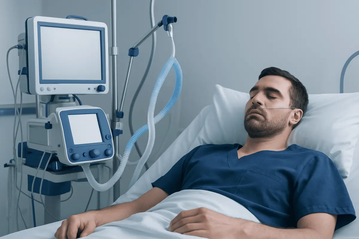 Patient in hospital bed connected to medical ventilator and monitors.