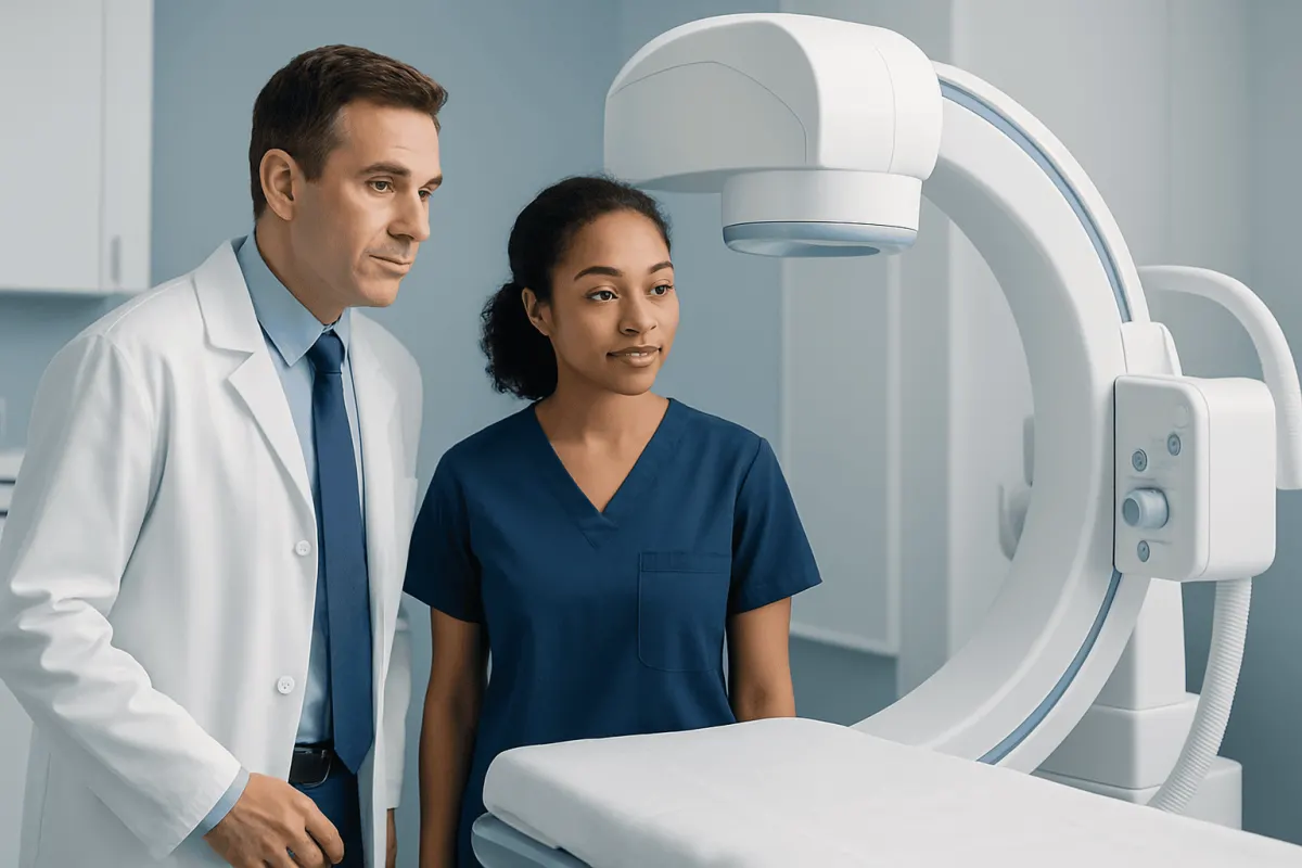 Medical professionals preparing for a diagnostic imaging procedure in a hospital.