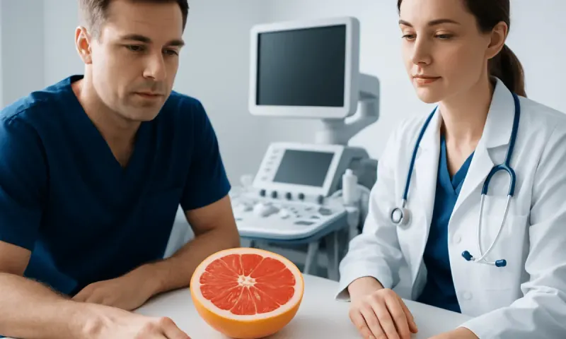 Doctor and patient discussing health with grapefruit on table.