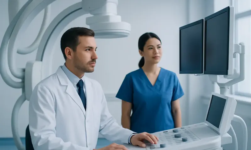 Medical professionals operating advanced diagnostic equipment in a hospital setting.