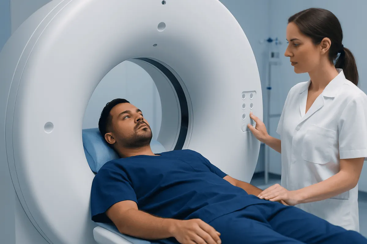 Patient undergoing MRI scan at Acibadem Hospital for advanced medical imaging.