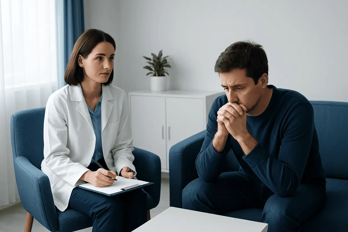 Therapist and patient discussing mental health in a consultation room.
