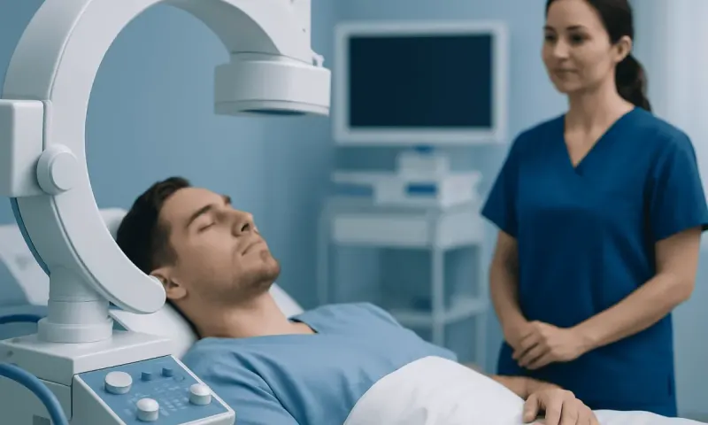 Patient undergoing a medical scan at Acibadem Hospital with healthcare professional present.