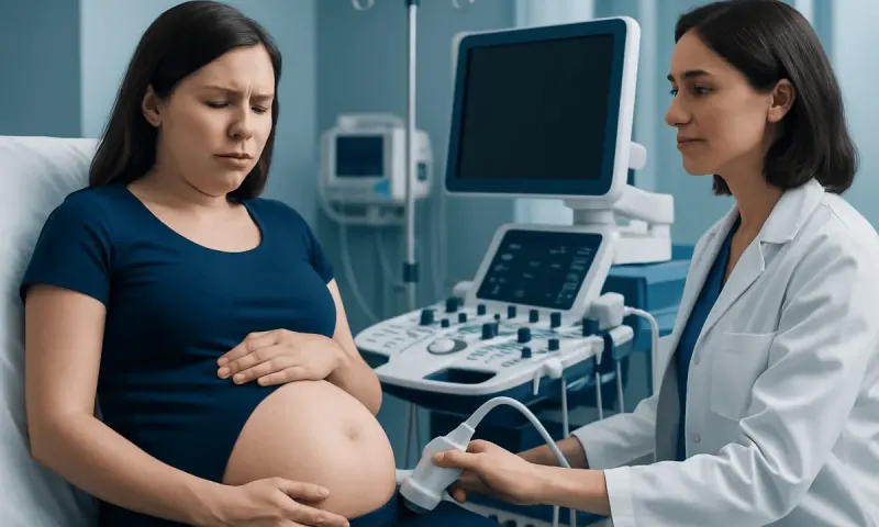 Pregnant woman undergoing ultrasound examination at hospital.