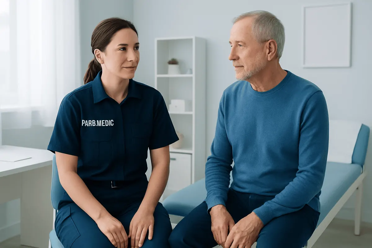 Paramedic consulting an elderly patient in a medical office setting.