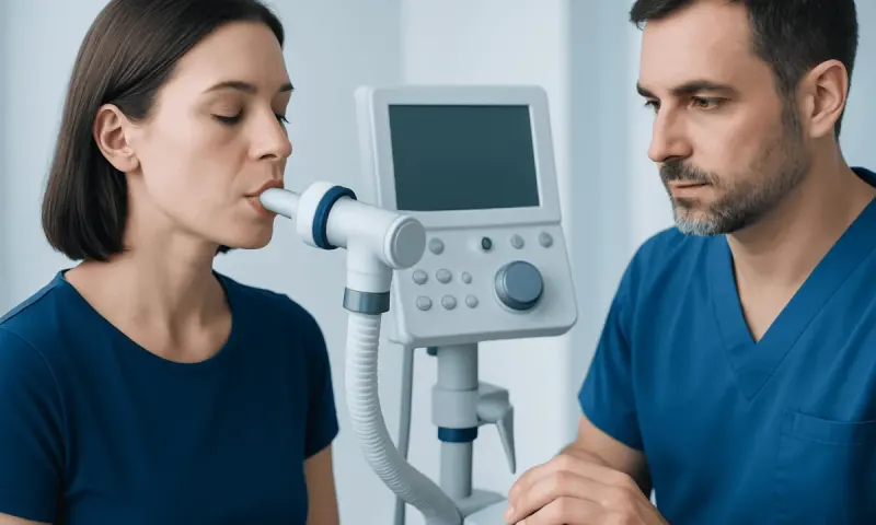 Medical professional performs spirometry test on patient in hospital.