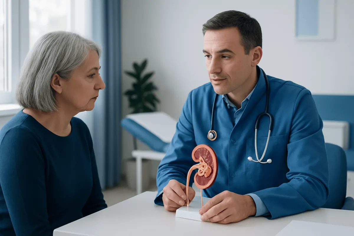 Urologist explaining kidney health to an elderly woman in a medical consultation.