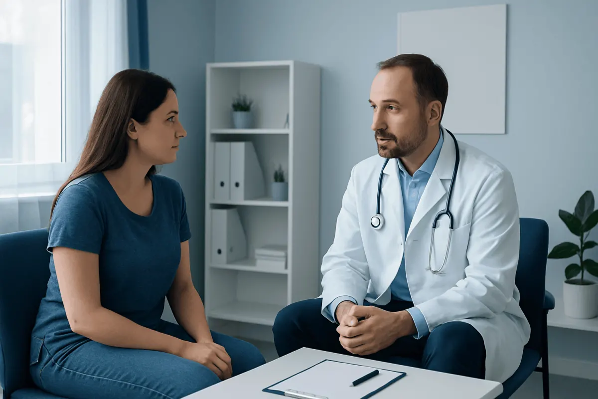 Doctor consulting with a female patient in a medical office setting.