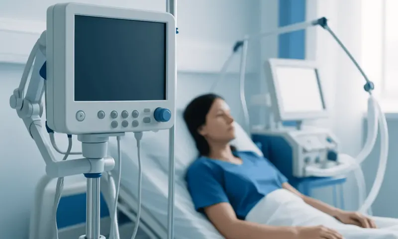 Hospital patient lying in bed with medical monitors and equipment nearby.