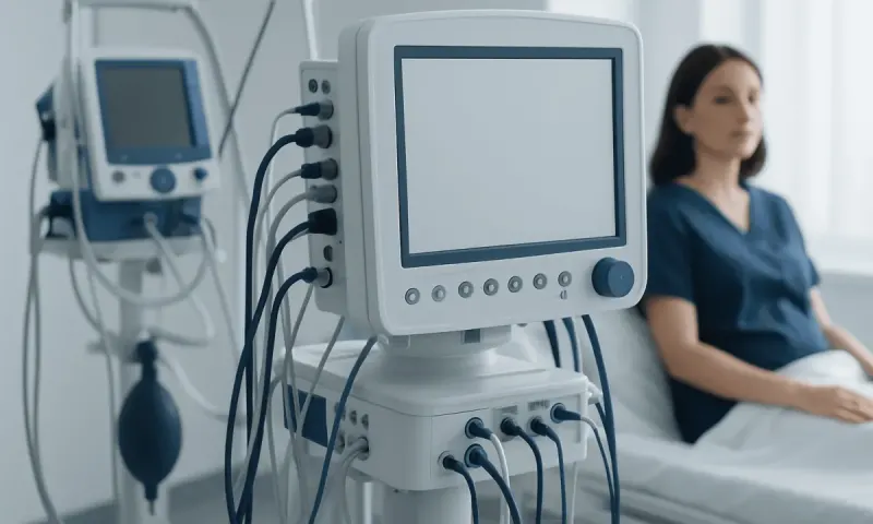 Medical monitoring equipment in a hospital room with a patient in the background.