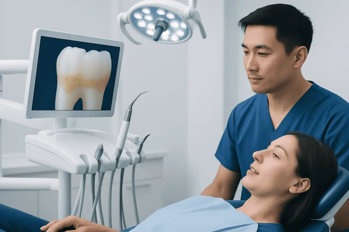 Dental professional examining a patient's tooth X-ray on a monitor.