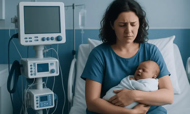 Mother holding newborn in hospital room with medical equipment nearby.