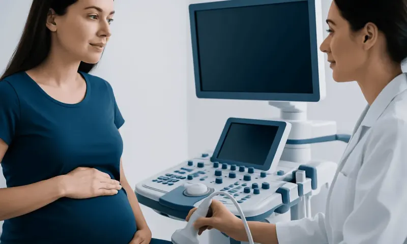 Pregnant woman undergoing ultrasound examination at a hospital.
