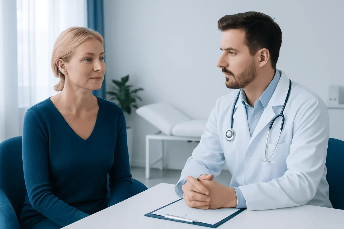 Doctor consulting with a female patient in a medical office.