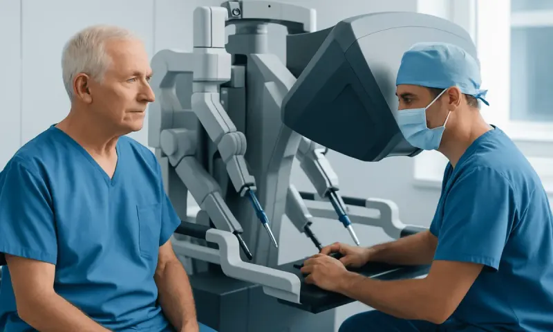Urologist performing robotic prostate surgery on an elderly patient in a modern hospital.