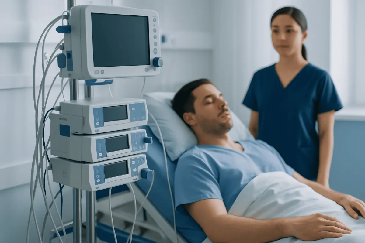 Patient in hospital bed connected to medical monitoring equipment.