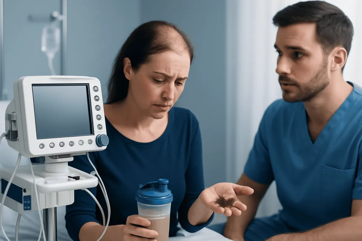 Patient consulting with doctor about health concerns in hospital room.