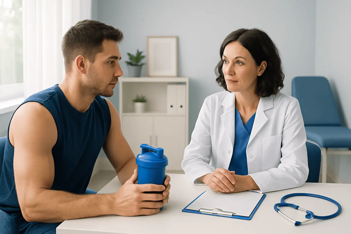 Doctor consulting with a young male patient holding a protein shaker in a clinic.
