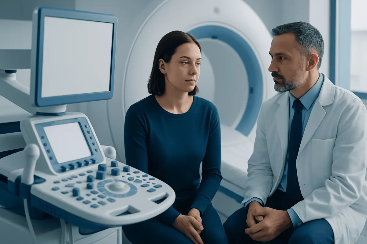 Medical consultation in a hospital MRI room with a doctor and patient.
