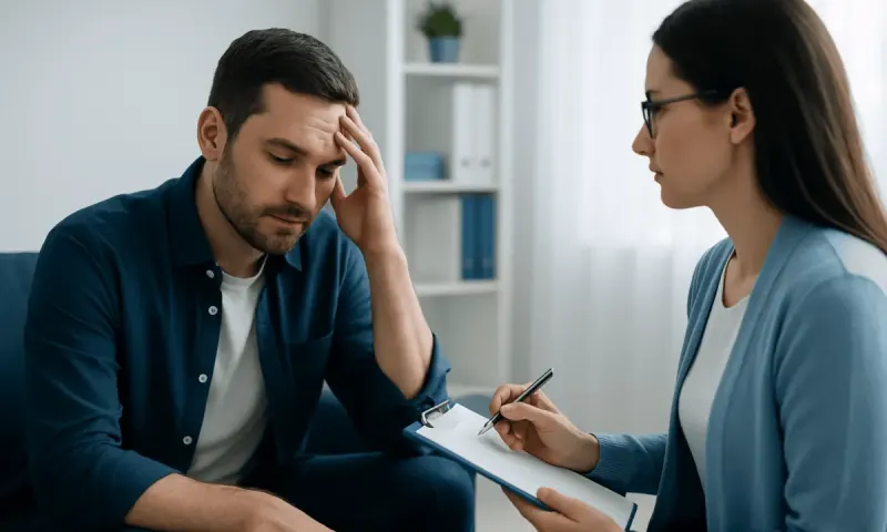Therapist listening to a patient during a psychotherapy session.