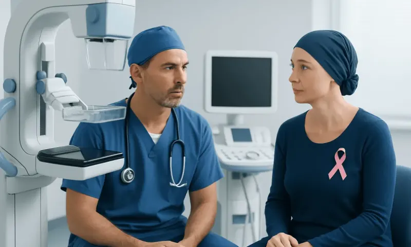 Breast cancer patient consulting with a doctor in a medical clinic.