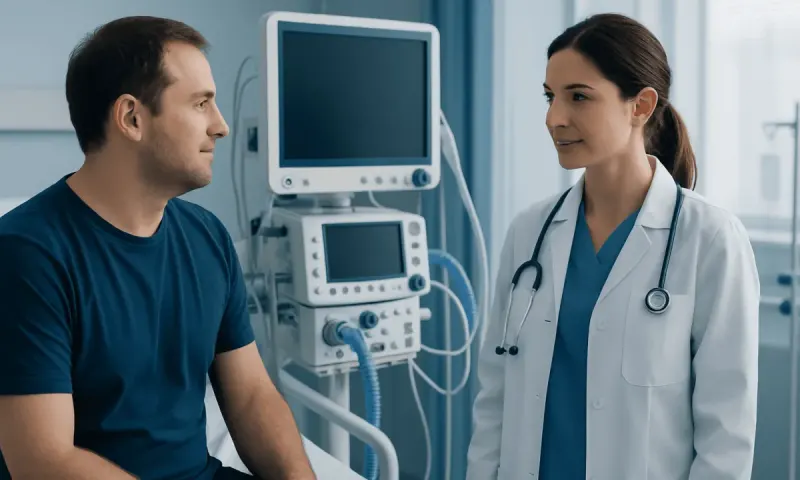 Doctor consulting patient in a hospital room with medical equipment.
