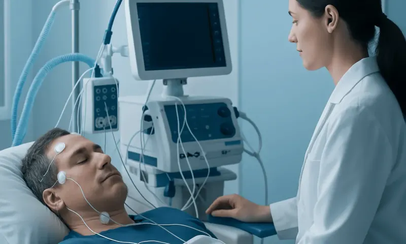 Patient undergoing a sleep study with monitoring equipment in a hospital.