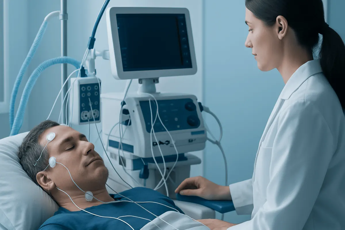 Patient undergoing a sleep study with monitoring equipment in a hospital.