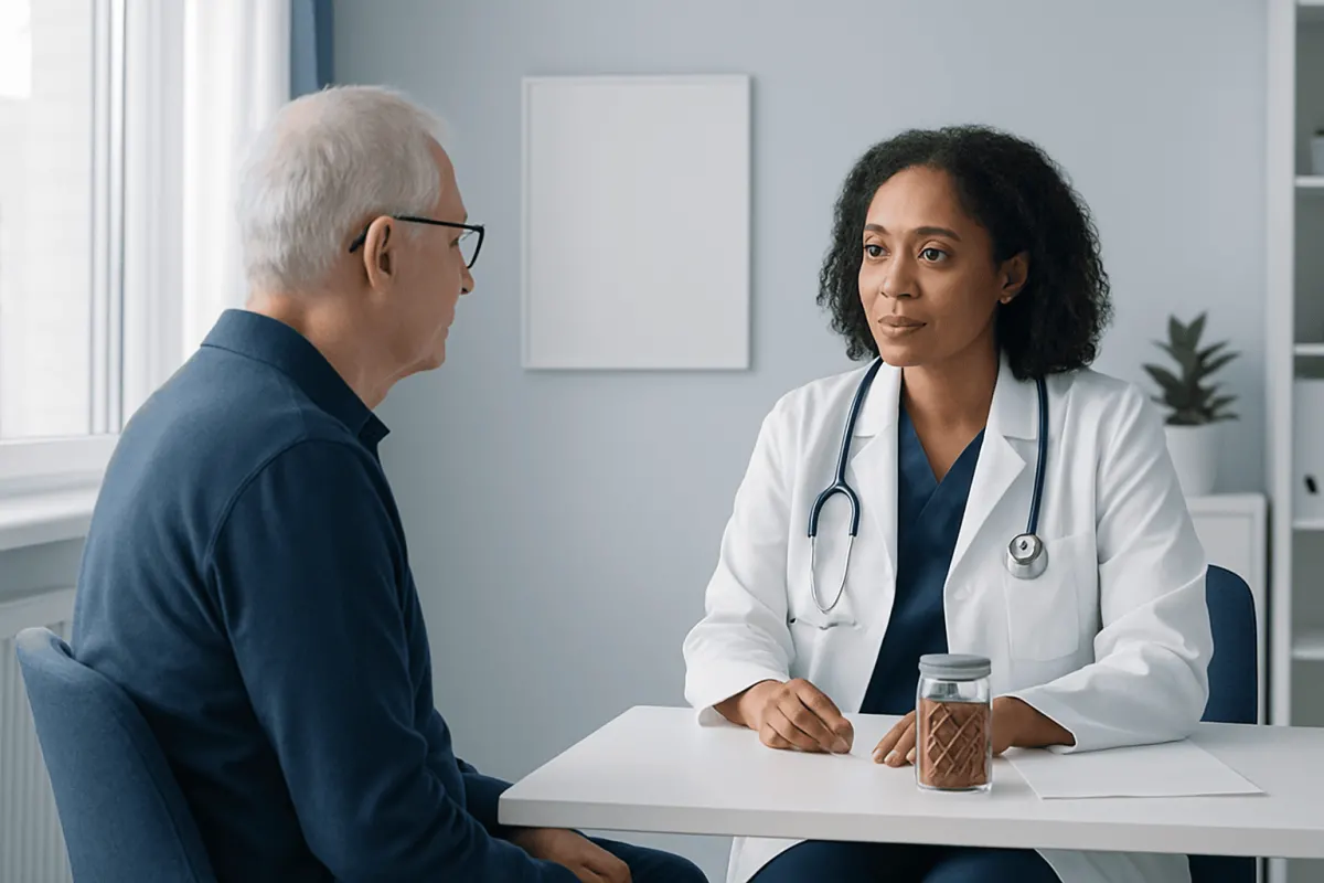 Doctor consulting with elderly patient in a modern clinic setting.