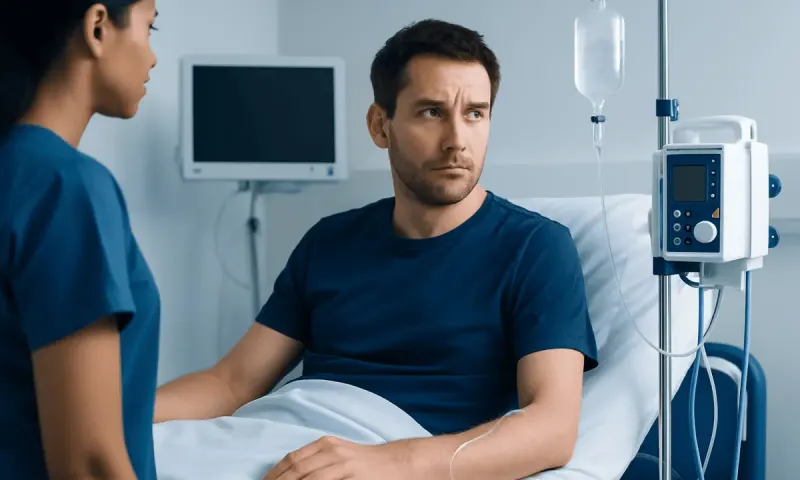 Patient in hospital bed during medical consultation at Acibadem Hospital.