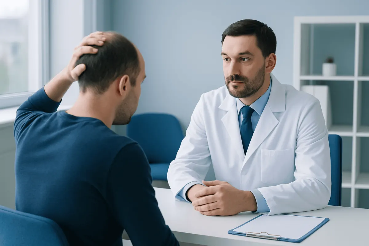Doctor consulting with patient about hair thinning treatment options.