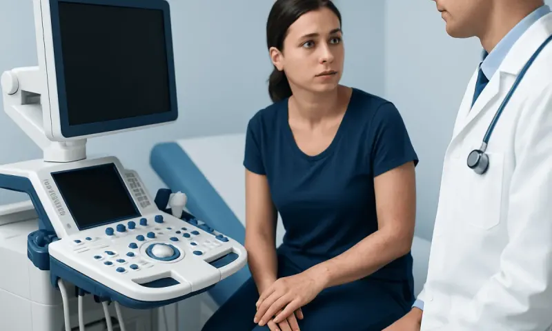 Doctor consulting a patient with ultrasound equipment in a medical clinic.