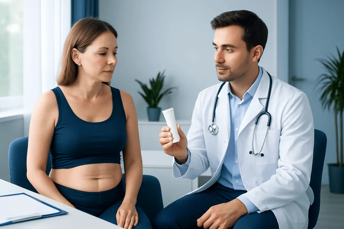 Doctor explaining treatment options to a woman patient in a clinic setting.