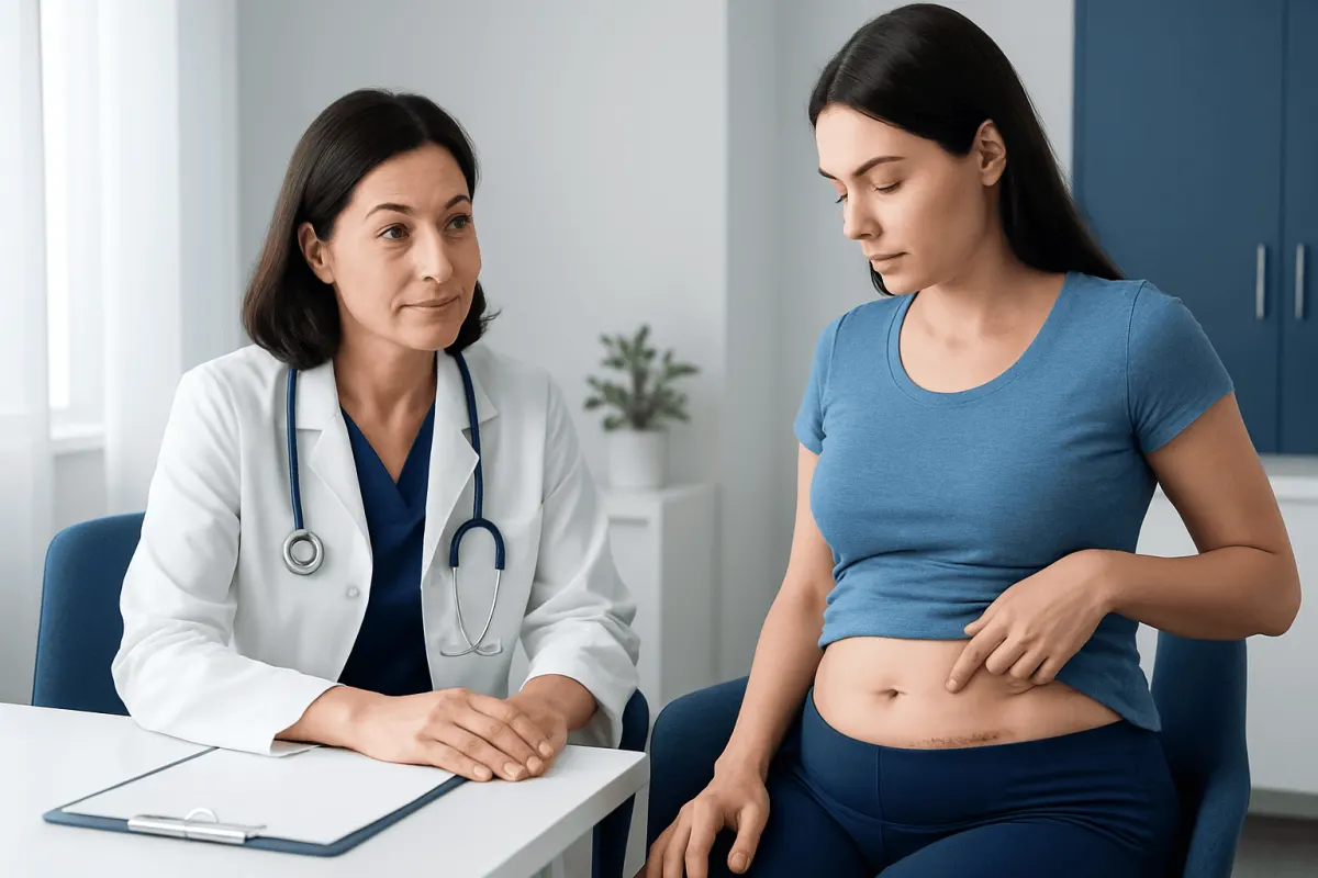 Doctor consulting with a woman about tummy tuck scars and healing.