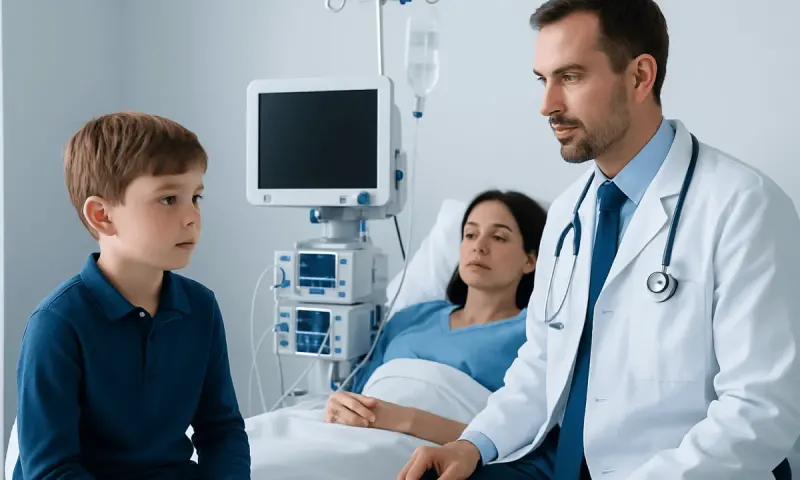 Doctor consulting young patient in hospital room with mother present.