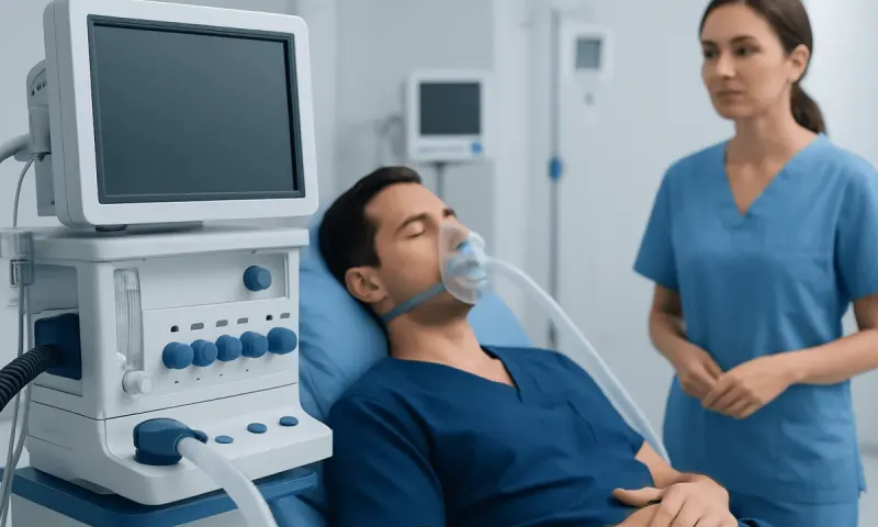 Patient on ventilator in hospital ICU with nurse nearby.