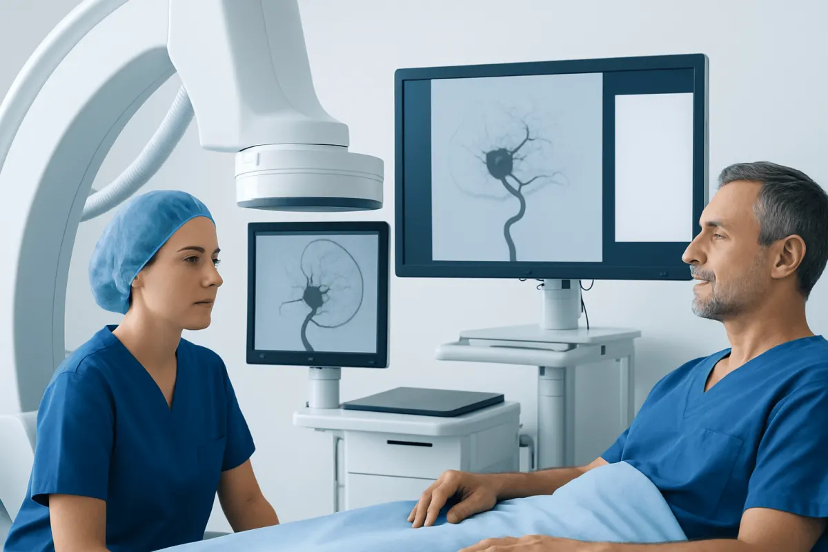 Medical professionals review brain aneurysm images on monitors in a hospital setting.