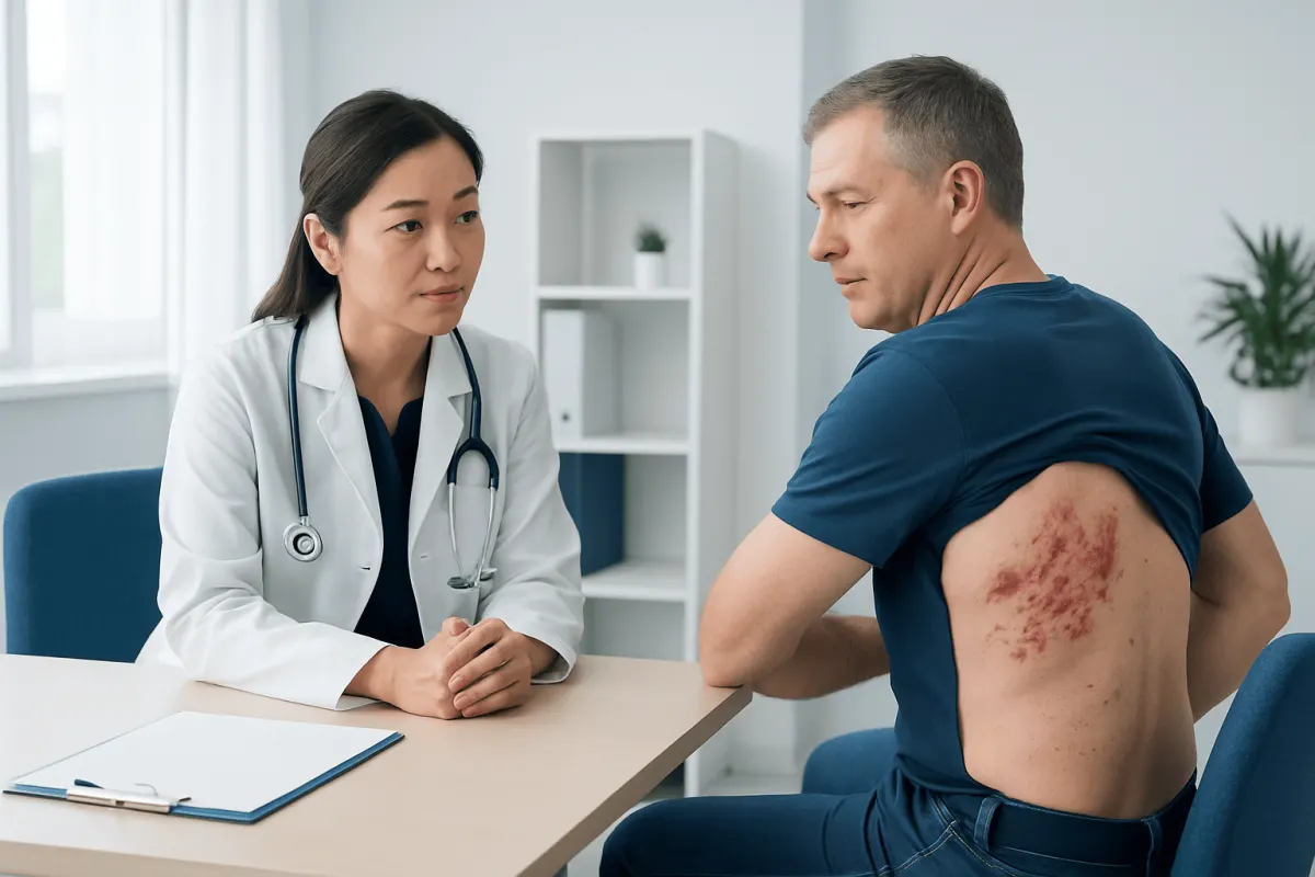 Doctor consulting with patient with shingles on back in clinic setting.