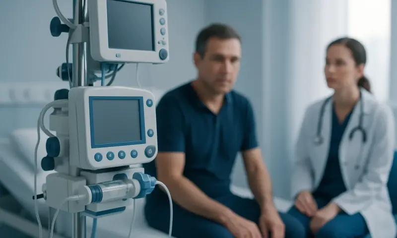 Doctor and patient in a medical consultation with monitoring equipment.