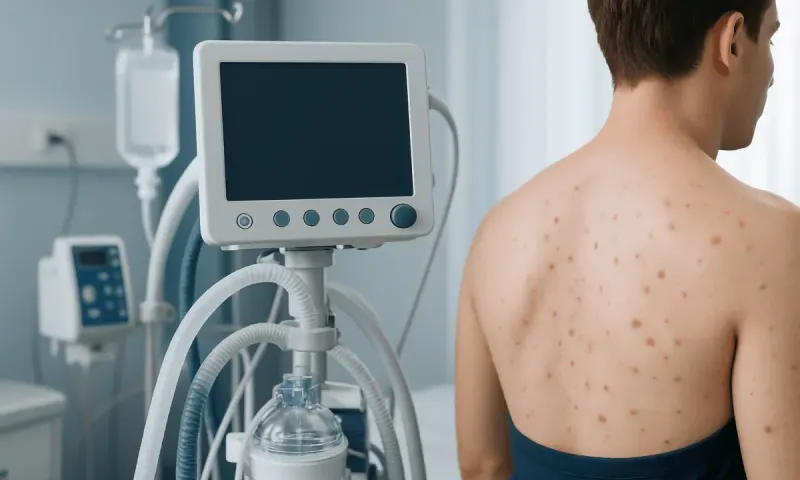Patient with shoulder acne in a medical examination room.