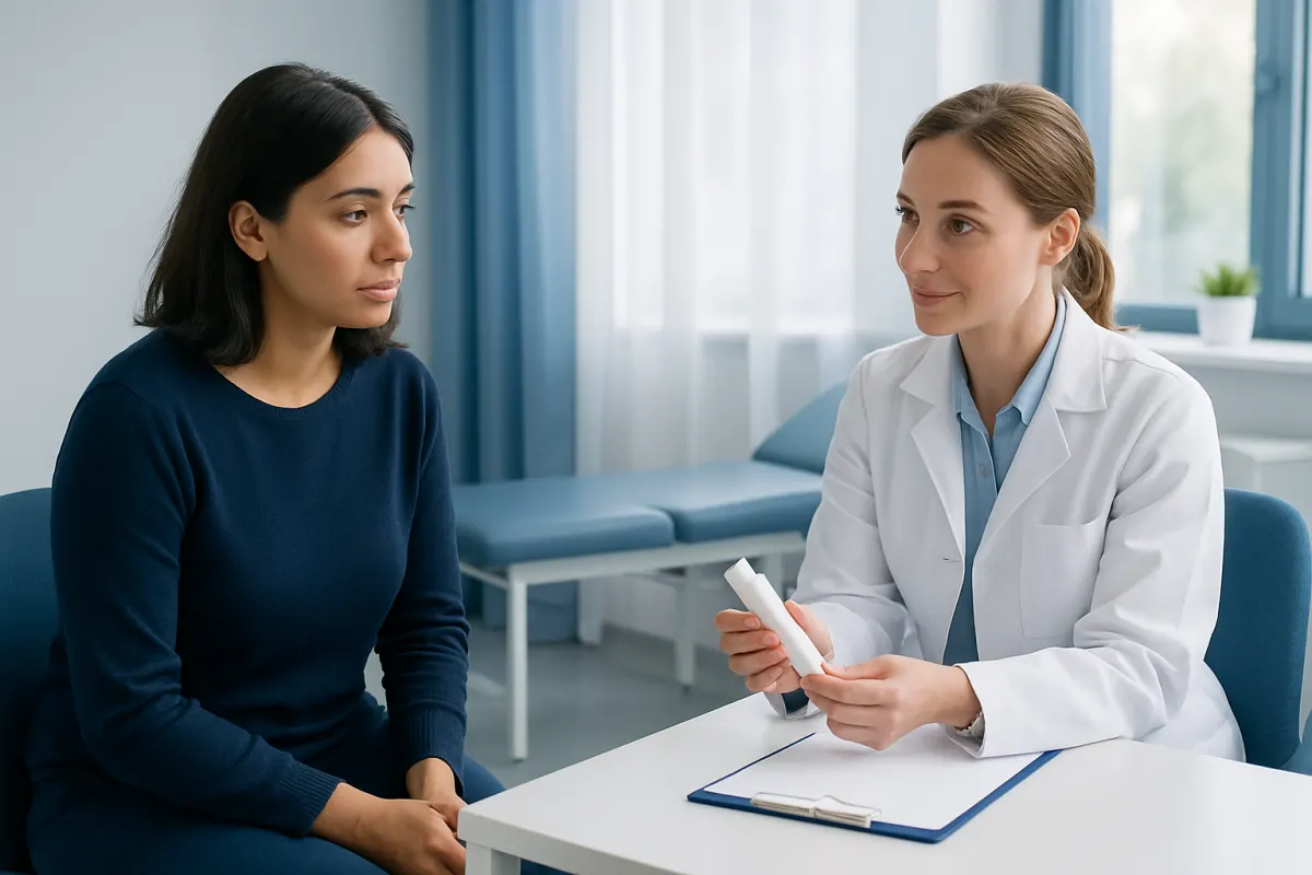 Doctor explaining medication to a patient in a clinic setting.