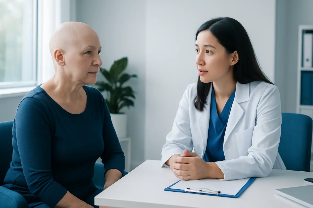 Oncologist consulting with a patient about chemotherapy side effects.