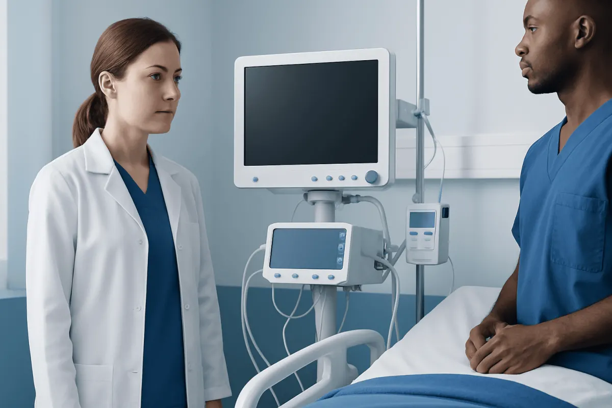 Medical professionals discussing patient care in hospital room.