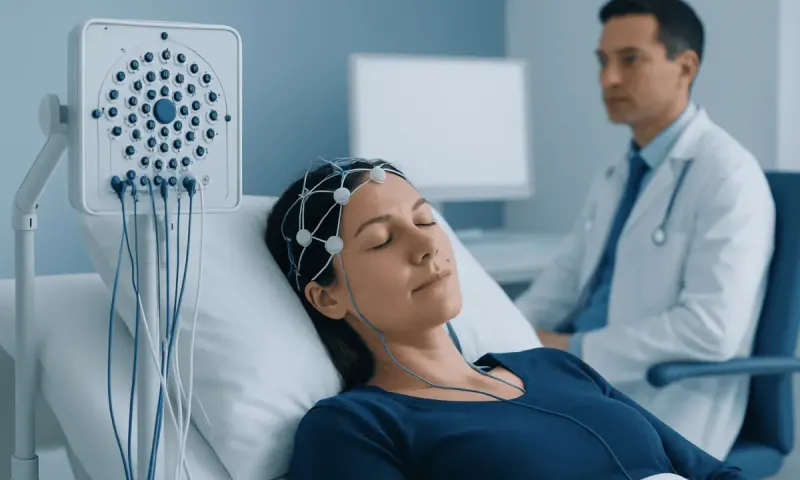 Patient undergoing sleep study with EEG monitoring at Acibadem Hospital.