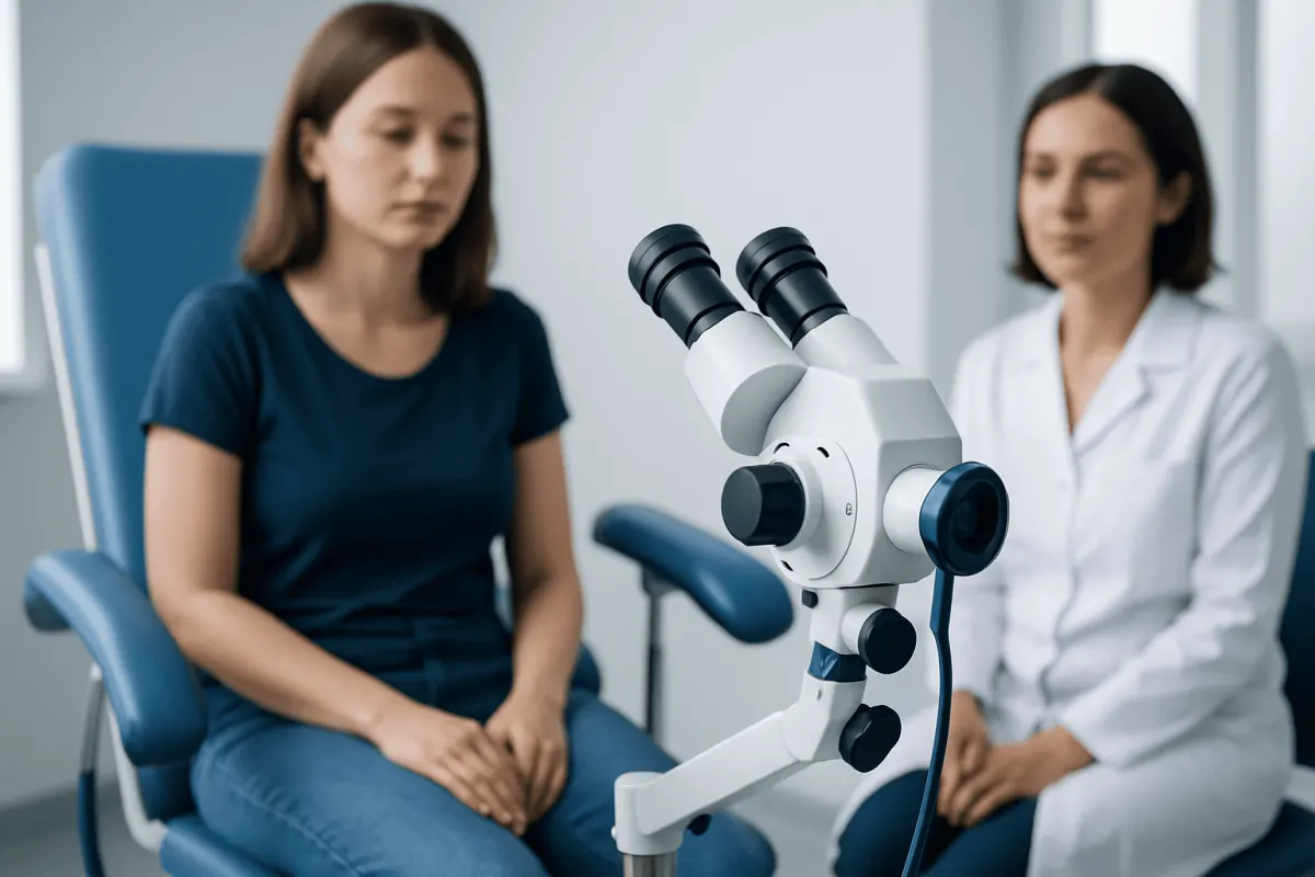 Doctor and patient in a medical consultation with a microscope in the foreground.