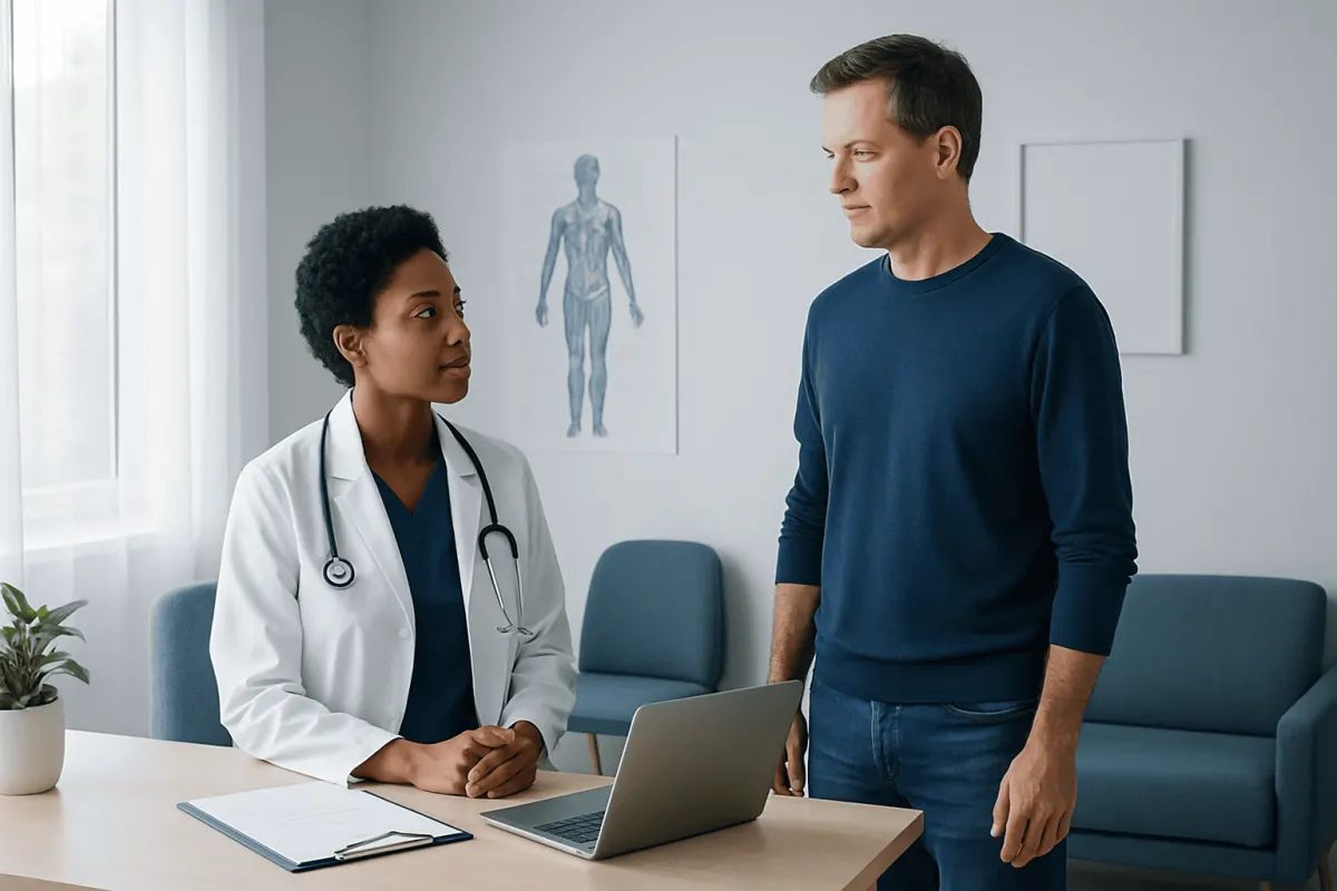 Doctor and patient discussing health in a medical consultation room.